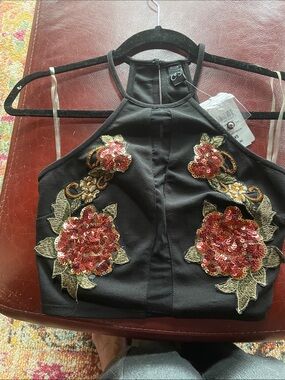 Stunning “Windsor” Black Top with Red and Gold Sequin Floral Accents, Size XS